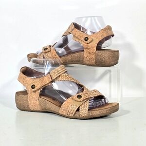 Taos Trulie Cork Wedge Strappy Sandals Leather Womens Size 9.5 Camel Comfort